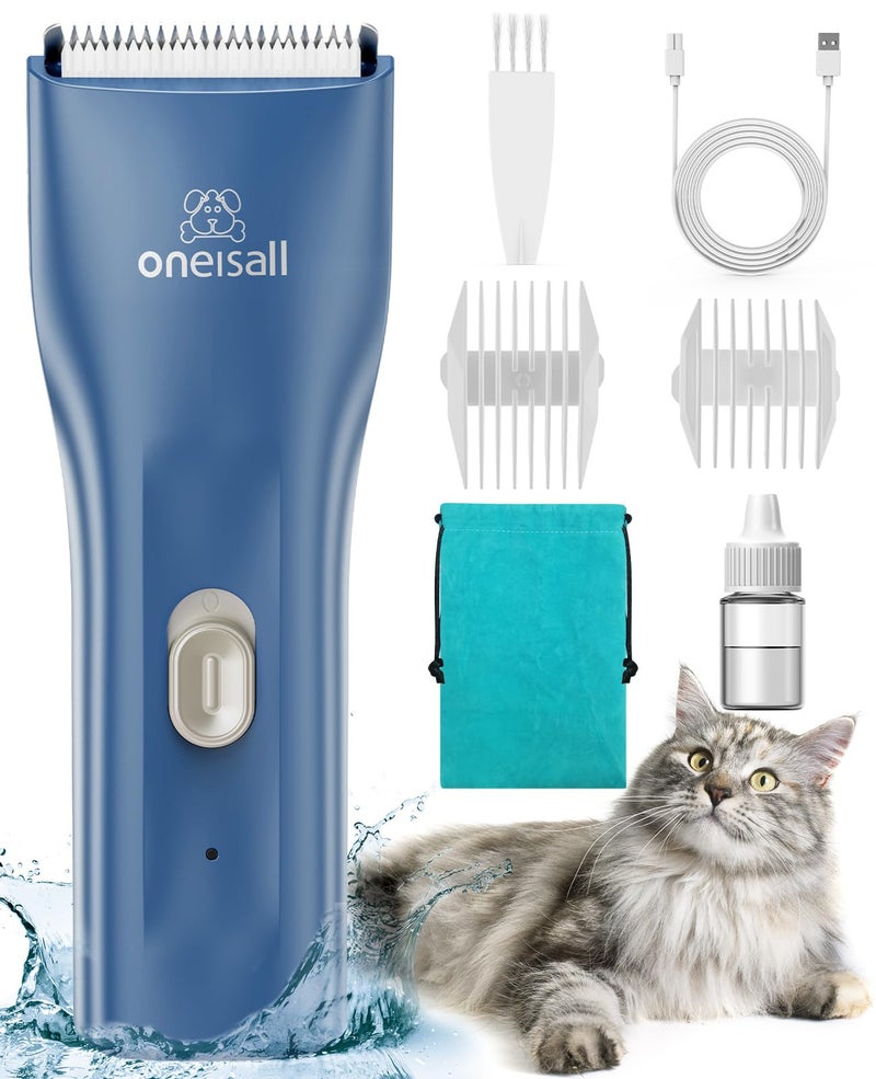 oneisall Pet Clipper for Cat Matted Hair Pet Shaver for Cats Quiet Pet Clippers Waterproof Cordless Cat Clippers for Matted Hair Long Hair with Storage Bag Blue