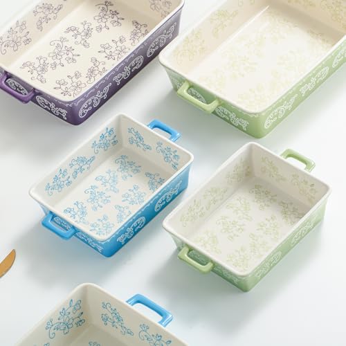 Domini Casserole Dishes for Oven, Ceramic Baking Dishes for Oven Set of 2, Lasagna Pan Deep, Baking Pan Set Square Casserole Dish Set with Handles for Baking, Pattern Purple(11.4+8.5inch) - Image 3