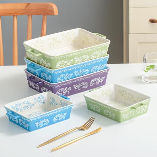 Domini Casserole Dishes for Oven, Ceramic Baking Dishes for Oven Set of 2, Lasagna Pan Deep, Baking Pan Set Square Casserole Dish Set with Handles for Baking, Pattern Purple(11.4+8.5inch) - Image 2