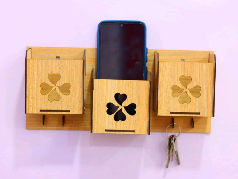 MeeCraft Designer Wall Mount Wooden Key Hanger and Phone Holder with 3 Compartments and 4 Hooks 27x6x14cm Brown - Image 1