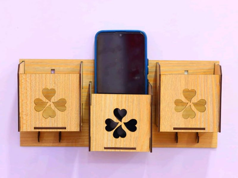 MeeCraft Designer Wall Mount Wooden Key Hanger and Phone Holder with 3 Compartments and 4 Hooks 27x6x14cm Brown - Image 2