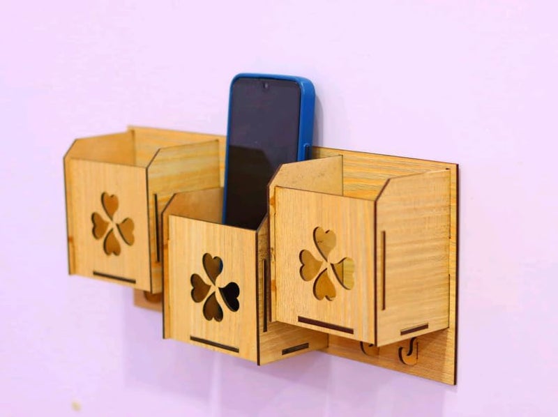 MeeCraft Designer Wall Mount Wooden Key Hanger and Phone Holder with 3 Compartments and 4 Hooks 27x6x14cm Brown - Image 3