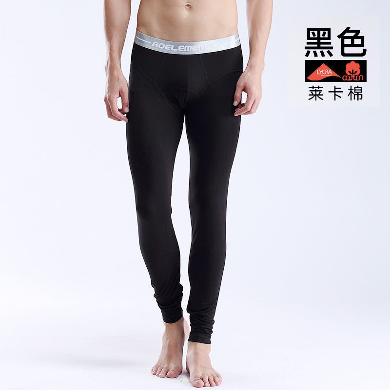 Mens long johns single thin tight pants youth line pants warm pants slim autumn and winter leggings cotton wool pants Black (Lycra cotton) 