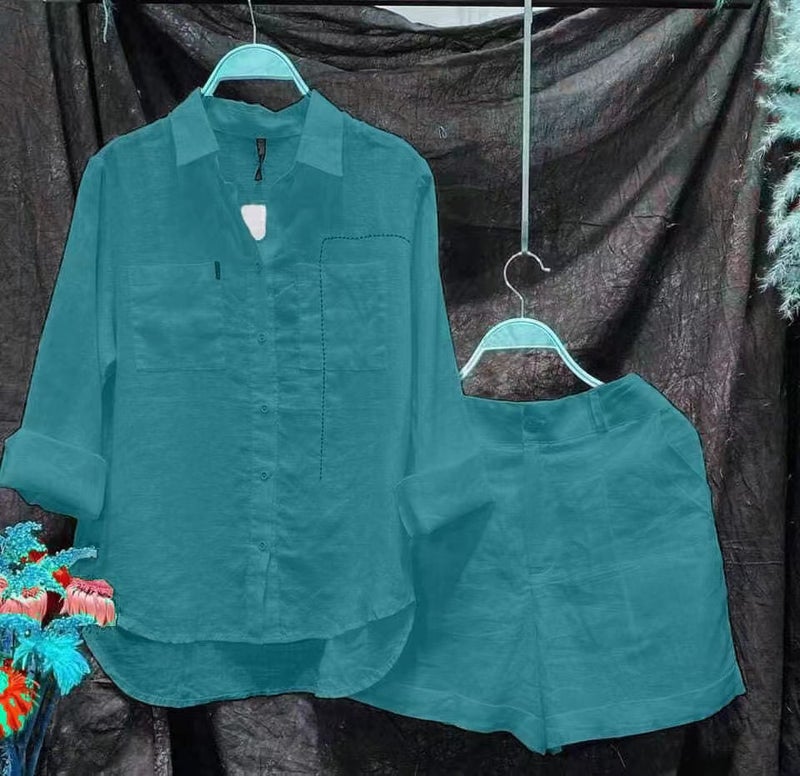 Womens Cotton Linen Solid Color Shirt Set Rice White  - Image 3