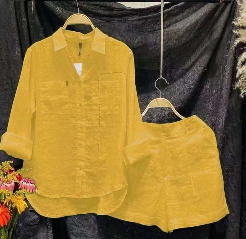 Womens Cotton Linen Solid Color Shirt Set Rice White  - Image 5
