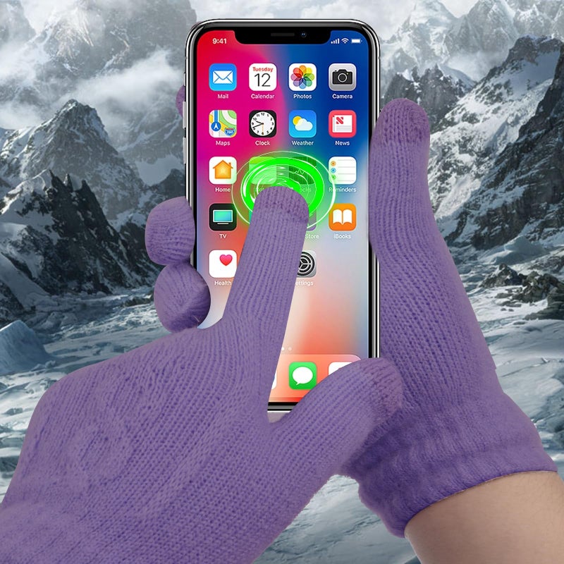 FENELY Womens Winter Beanie Hat Scarf and Gloves Set Girls Cable Beanies with Pompom Knitted Scarf Touch Screen Gloves Sets Ladies Purple Knit Thick Warm Soft Fleece Lined Thermal Cap - Image 3