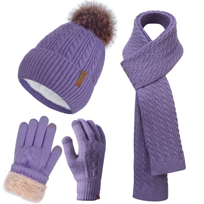 FENELY Womens Winter Beanie Hat Scarf and Gloves Set Girls Cable Beanies with Pompom Knitted Scarf Touch Screen Gloves Sets Ladies Purple Knit Thick Warm Soft Fleece Lined Thermal Cap - Image 1