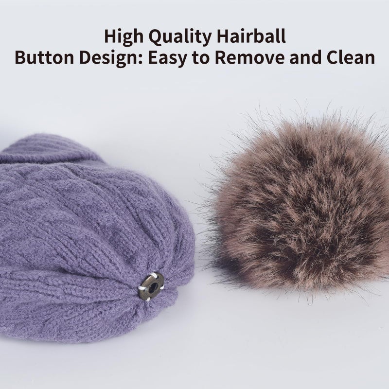FENELY Womens Winter Beanie Hat Scarf and Gloves Set Girls Cable Beanies with Pompom Knitted Scarf Touch Screen Gloves Sets Ladies Purple Knit Thick Warm Soft Fleece Lined Thermal Cap - Image 2