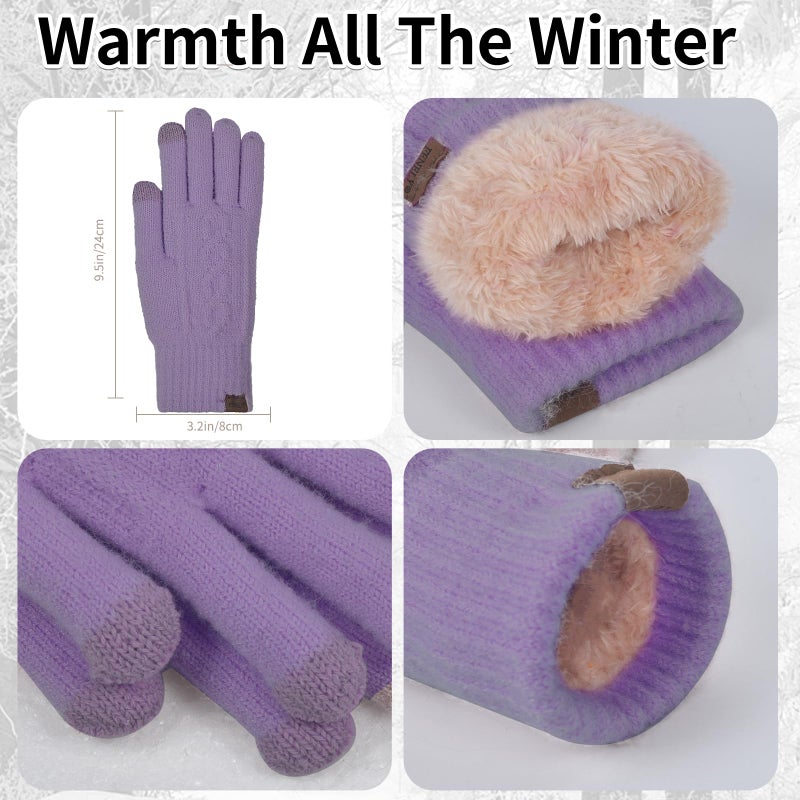 FENELY Womens Winter Beanie Hat Scarf and Gloves Set Girls Cable Beanies with Pompom Knitted Scarf Touch Screen Gloves Sets Ladies Purple Knit Thick Warm Soft Fleece Lined Thermal Cap - Image 4