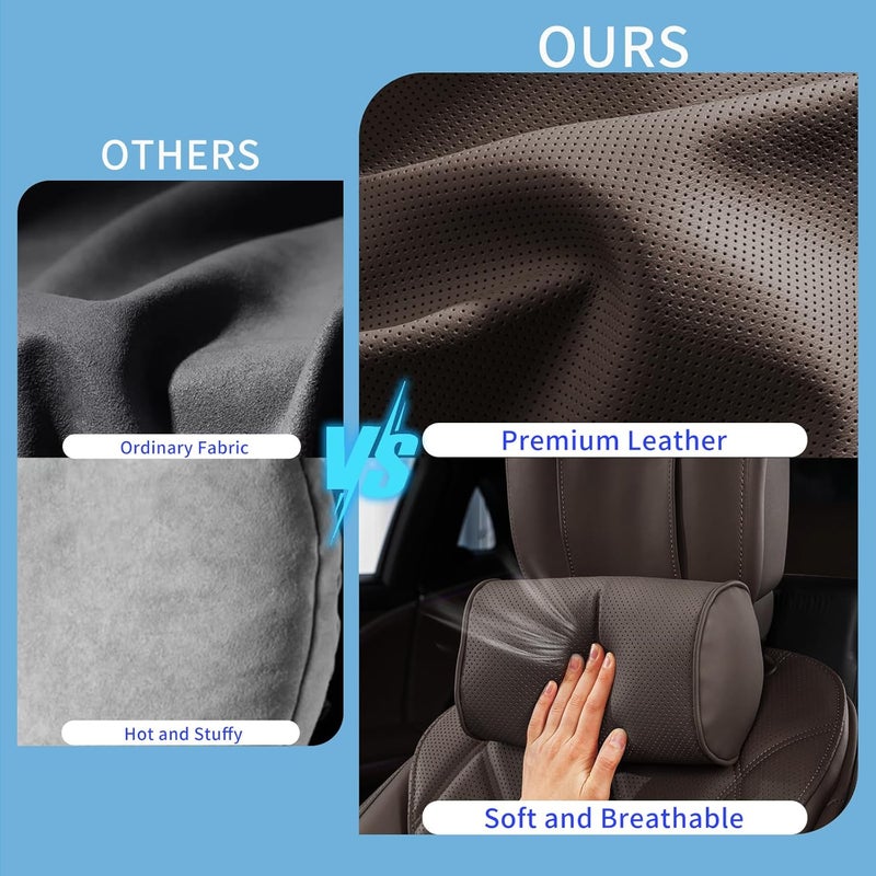 Dapucarin Car Headrest Pillow for Driving - Luxury Leather 100% Memory Foam, Ergonomic Neck Support - Universal Fit, Brown, 2 Pack - Image 4