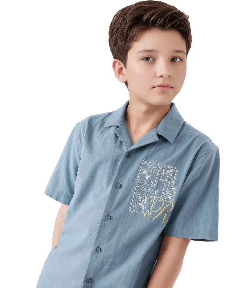 رير ونز Rare Ones Kids Emma Dusky Blue Cotton Half Sleeve Button Embroidered Regular Fit Shirt
