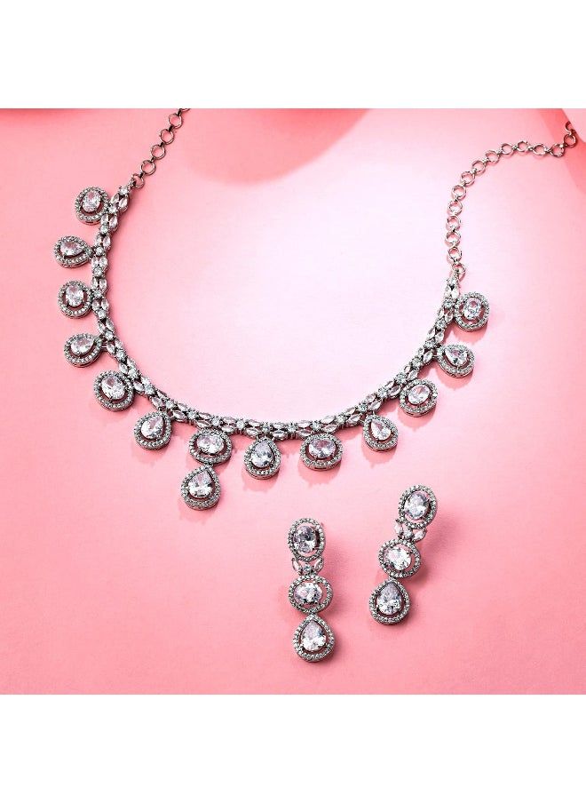 YELLOW CHIMES - American Diamond Necklace Set For Women | White Stone Silver Jewellery Set For Women | Diamond Necklace Set | Birthday Gift for Girls Anniversary Gift for Wife - Image 1