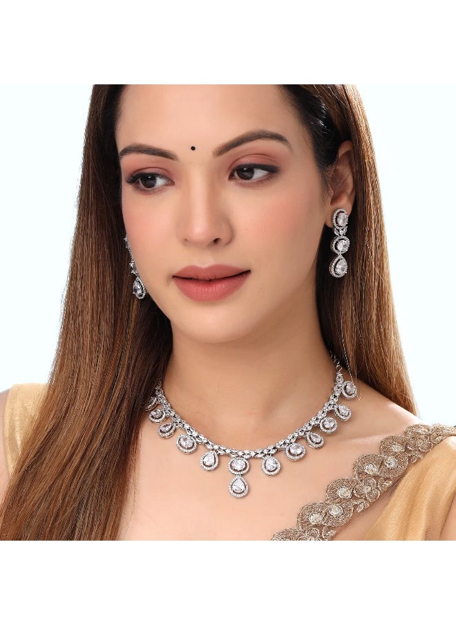 YELLOW CHIMES - American Diamond Necklace Set For Women | White Stone Silver Jewellery Set For Women | Diamond Necklace Set | Birthday Gift for Girls Anniversary Gift for Wife - Image 1