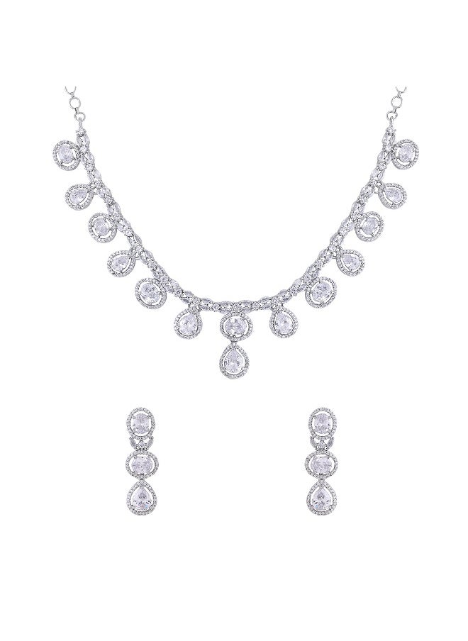 YELLOW CHIMES - American Diamond Necklace Set For Women | White Stone Silver Jewellery Set For Women | Diamond Necklace Set | Birthday Gift for Girls Anniversary Gift for Wife - Image 1