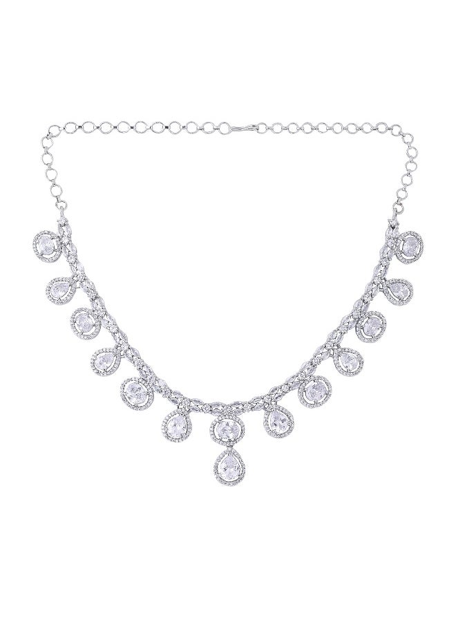 YELLOW CHIMES - American Diamond Necklace Set For Women | White Stone Silver Jewellery Set For Women | Diamond Necklace Set | Birthday Gift for Girls Anniversary Gift for Wife - Image 1