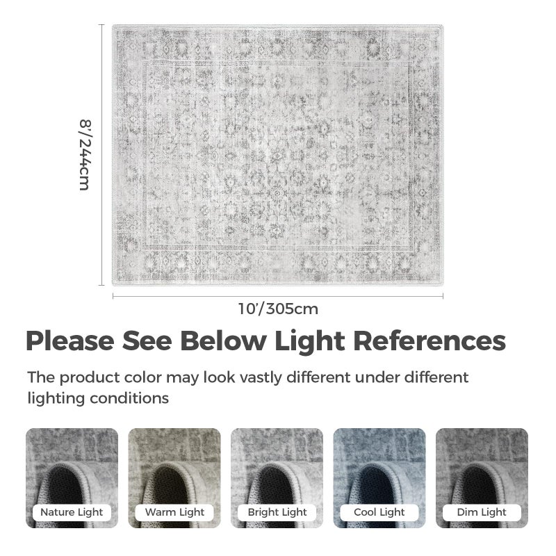 LIVEBOX Washable Area Rug 8x10 - Large Boho Living Room Rug Vintage Grey Rugs for Bedroom, Non-Slip Retro Floral Carpet Print Distressed Accent Rugs for Dining Room Home Office - Image 3