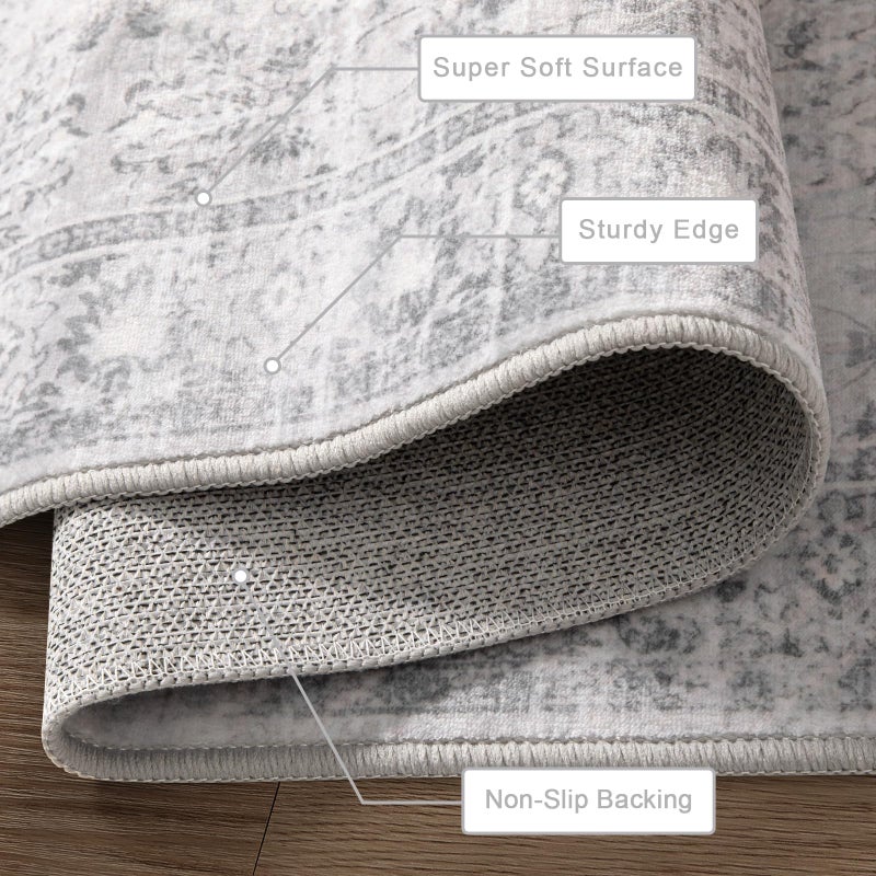 LIVEBOX Washable Area Rug 8x10 - Large Boho Living Room Rug Vintage Grey Rugs for Bedroom, Non-Slip Retro Floral Carpet Print Distressed Accent Rugs for Dining Room Home Office - Image 2