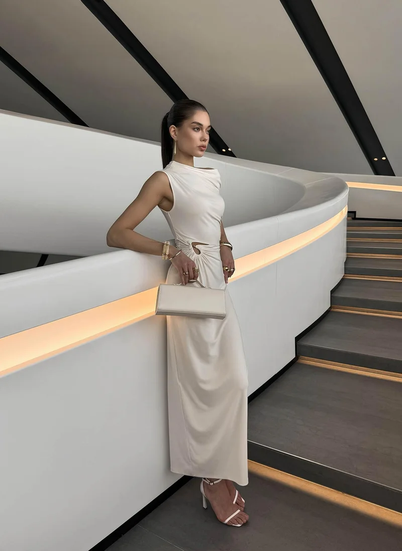 Lichi Jersey maxi dress with one-shoulder bodice and waist decoration