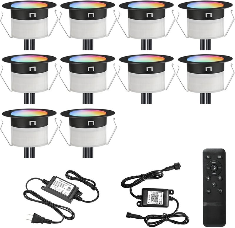 FVTLED LED Deck Lights Kit, 10pcs Φ1.22 WiFi Smart Phone Control Low Voltage Recessed RGBW Deck Lighting Waterproof Outdoor Yard Path Stair Decor, Black - Image 1