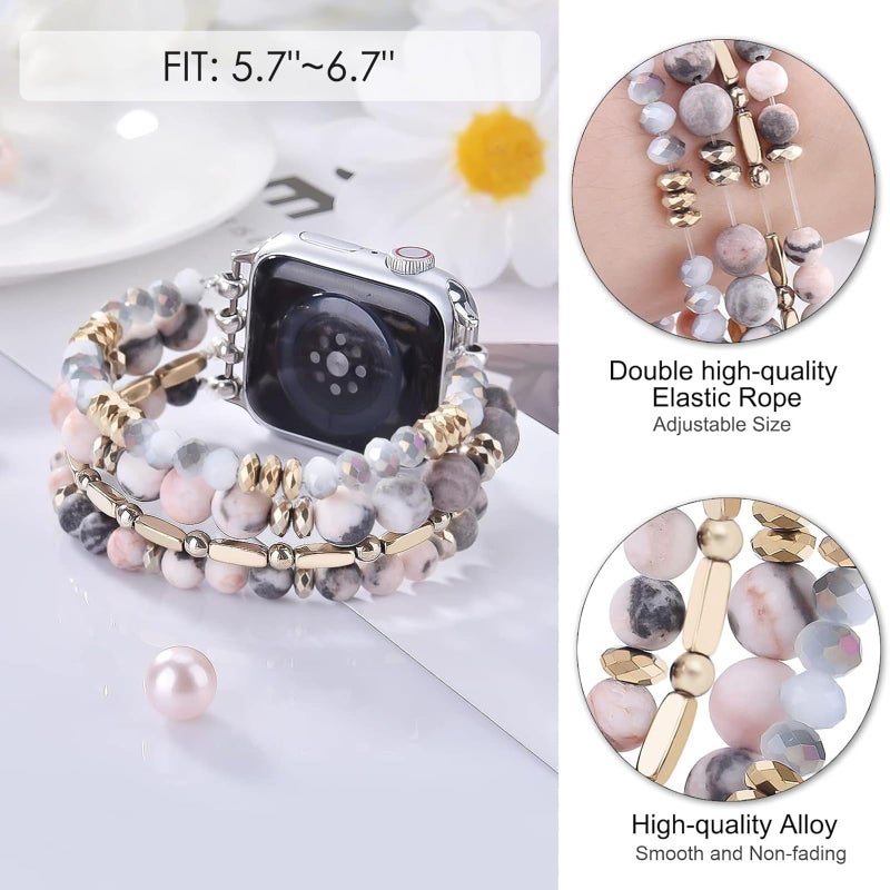 VISOOM Beaded Boho Bracelet Compatible for Apple Watch Band 40mm/38mm/41mm/42mm Series 11 10 9 8 7 SE Series 6/5/4 Women Fashion Cute Handmade Crystal Beads Stretchy Watch Strap for iWatch Bands 3/2/1 - Image 2
