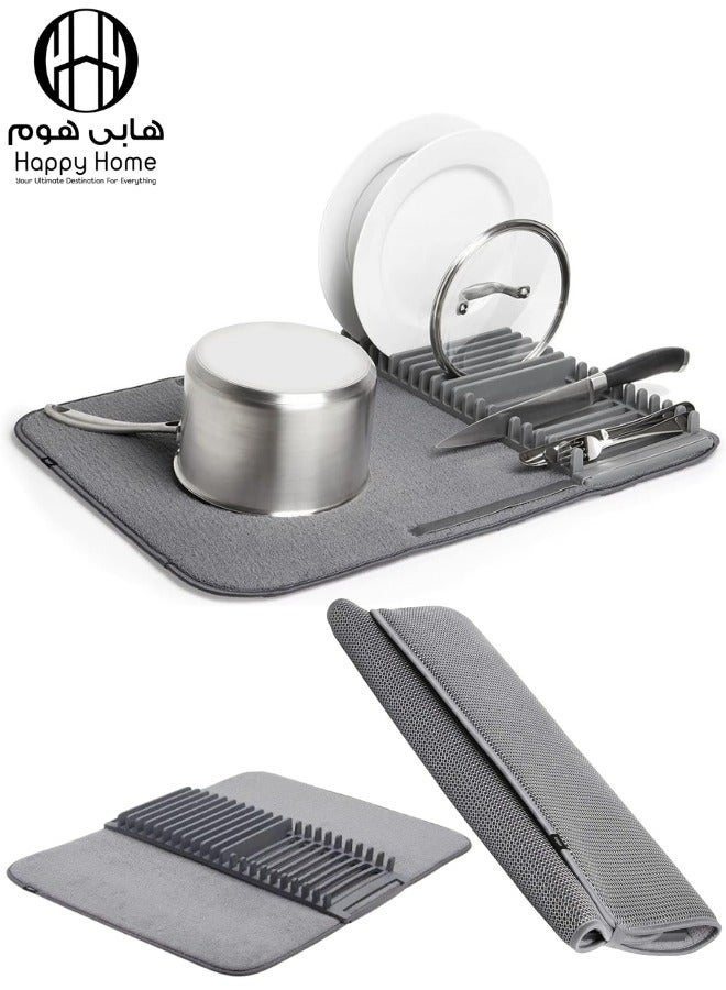 Happy Home Microfiber Dish Drying Mat and Rack with Dish Drainer Made of High-Quality Plastic - Lightweight, Space-Saving Design Folds for Easy Storage, Standard - Grey - Image 1