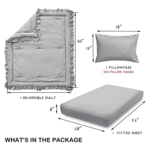 Uozzi Bedding 3 Pieces Crib Bedding Set Baby Ruffle Quilted Comforter with Fitted Sheet and Pillowcase - Cute Ruffled Shabby Chic Bedding Soft Blanket Design Gray - Image 4