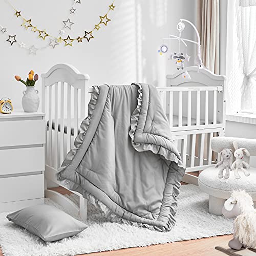 Uozzi Bedding 3 Pieces Crib Bedding Set Baby Ruffle Quilted Comforter with Fitted Sheet and Pillowcase - Cute Ruffled Shabby Chic Bedding Soft Blanket Design Gray - Image 1