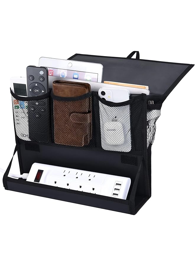 The Bros Hanging Bedside Organizer, Bedside Caddy with Power Strip Holder, Bedside Storage Organizer with 6 Pockets, Multi-functional Organizer Caddy for Remotes, Phones, Magazines,Tablets - Image 1