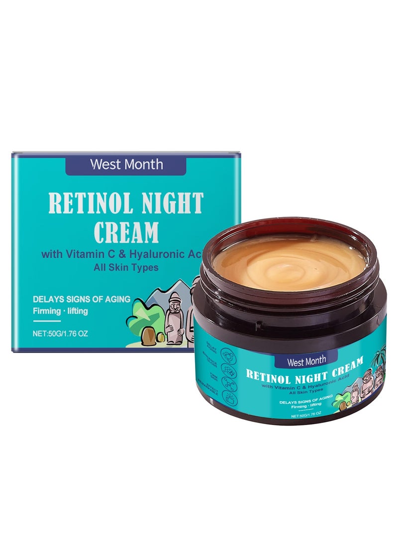 West&Month Korean Retinol Anti Aging Night Cream with Hyaluronic Acid & Vitamin C |Discover young, wrinkle-free & radiant skin| Anti aging cream for oily & dry skin| For Men & Women|Korean Skin Care|50gm - Image 1