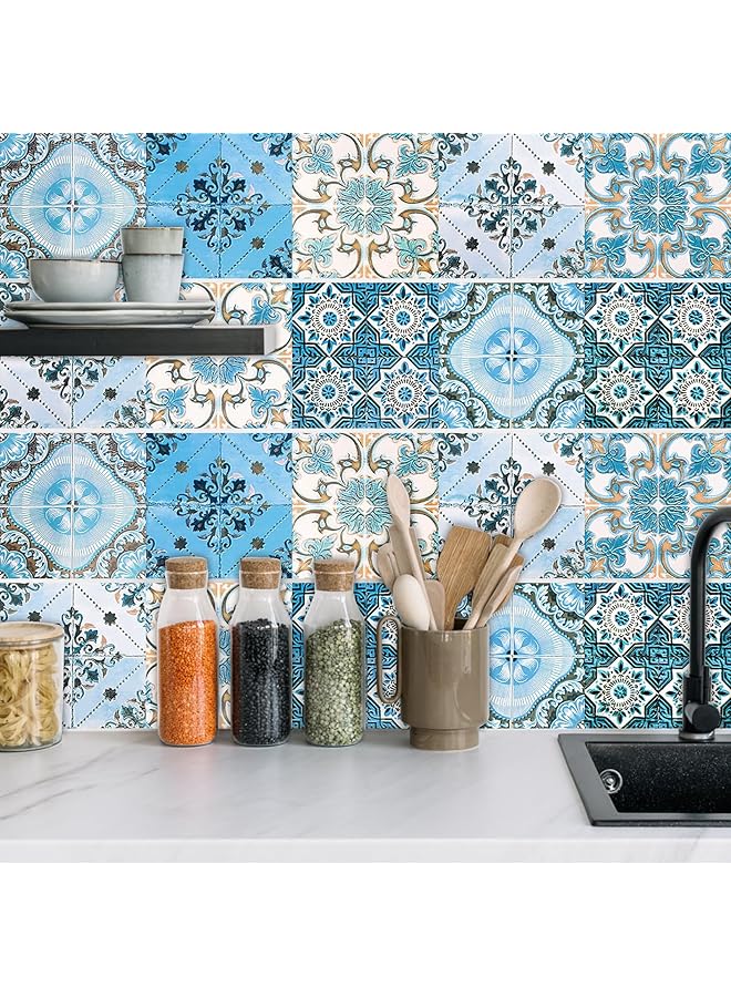 إيروريكس 20 قطعة ملصقات بلاط 15X15 سم ملصق بلاط حائط أزرق على الطراز المغربي فيلم بلاط ملصقات حائط مقاومة للماء ذاتية اللصق بلاط أرضيات فسيفساء ملصق لتزيين طاولة المطبخ والحمام والدرج Mz 6 014 - Image 5
