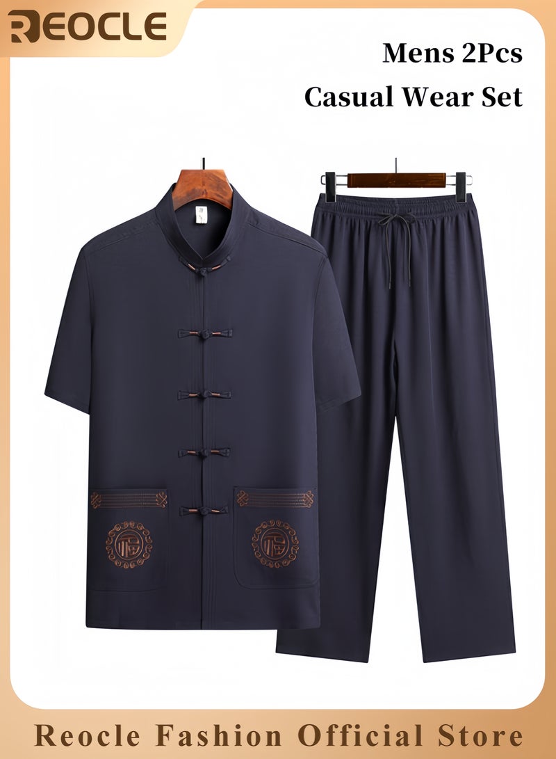 REOCLE Mens 2PCS Set Sophisticated Casual Wear Set Chinese Embroidery Kungfu Suit Set Men Summer Short Sleeves Cotton and Linen Shirts and Pants - Image 1