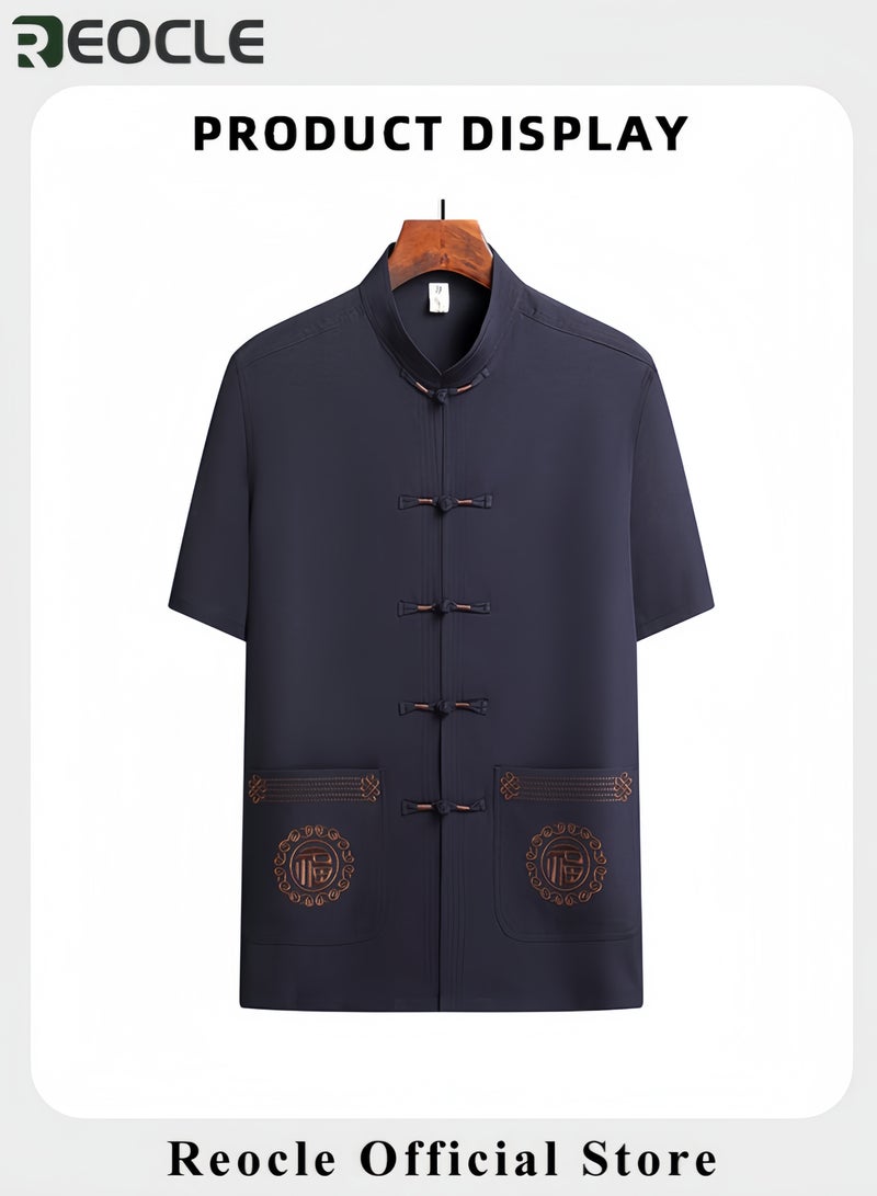 REOCLE Mens 2PCS Set Sophisticated Casual Wear Set Chinese Embroidery Kungfu Suit Set Men Summer Short Sleeves Cotton and Linen Shirts and Pants - Image 3