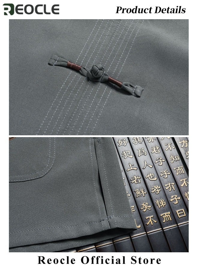 REOCLE Mens 2PCS Set Sophisticated Casual Wear Set Chinese Embroidery Kungfu Suit Set Men Summer Short Sleeves Cotton and Linen Shirts and Pants - Image 5