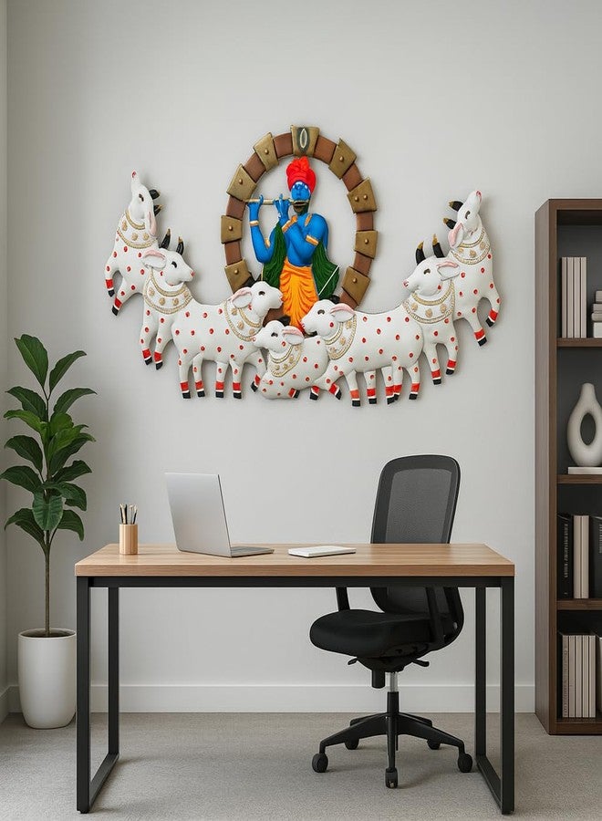 ZXC Metal Krishna Playing Basuri With Cow Wall Decor/Wall Hangings/Aesthetic Room Decor/ 3D wall decor for Home Decor-52 Inch (white cow) - Image 3