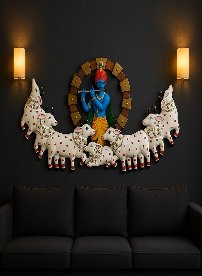 ZXC Metal Krishna Playing Basuri With Cow Wall Decor/Wall Hangings/Aesthetic Room Decor/ 3D wall decor for Home Decor-52 Inch (white cow) - Image 1