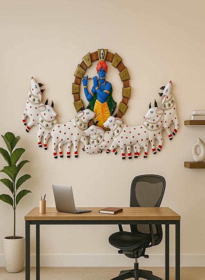 ZXC Metal Krishna Playing Basuri With Cow Wall Decor/Wall Hangings/Aesthetic Room Decor/ 3D wall decor for Home Decor-52 Inch (white cow) - Image 4