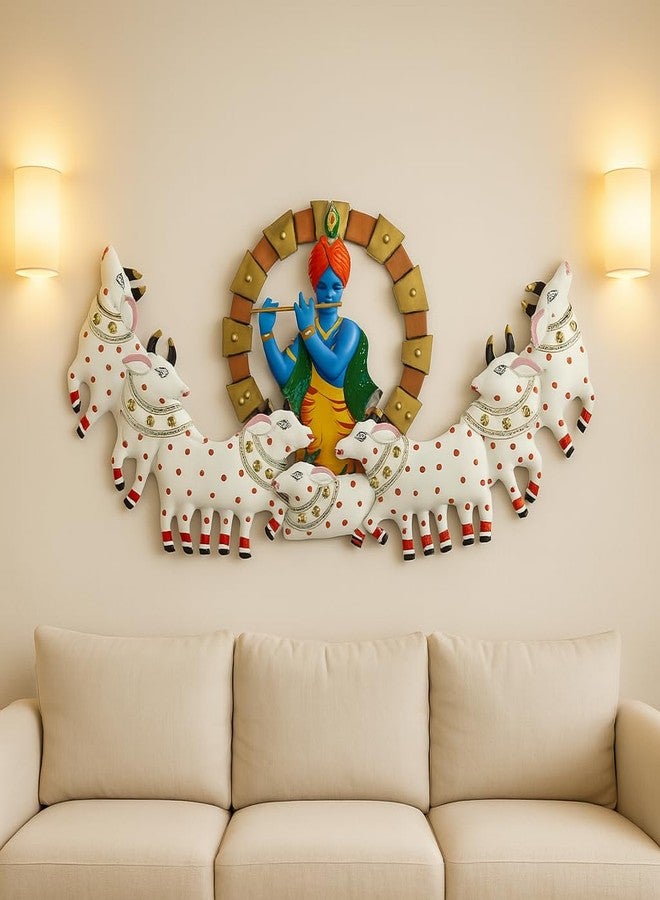 ZXC Metal Krishna Playing Basuri With Cow Wall Decor/Wall Hangings/Aesthetic Room Decor/ 3D wall decor for Home Decor-52 Inch (white cow) - Image 2