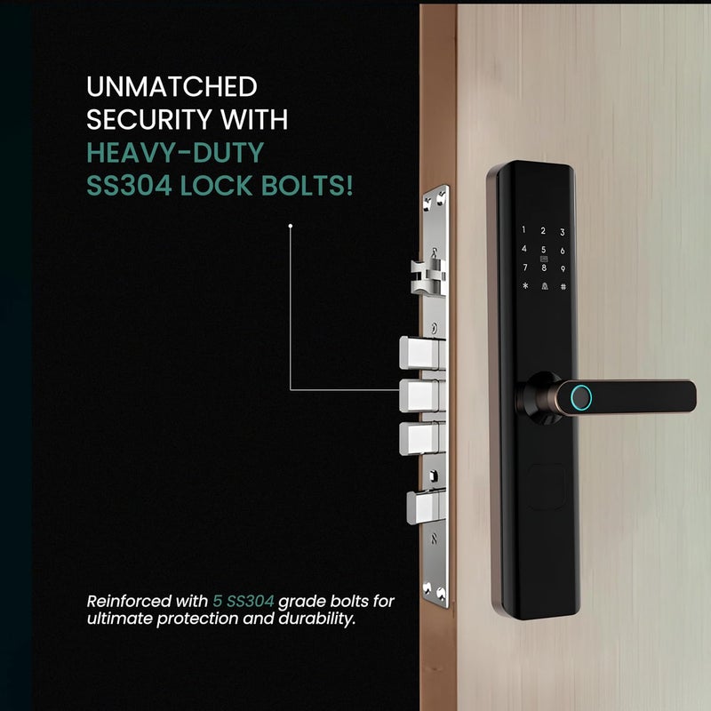 SmartiQo SmartiQo E1 Digital Door Lock 5Way Unlocking 5 Bolts Fingerprint PIN Access Card Mechanical Key 2 Years Brand Warranty Black  - Image 4