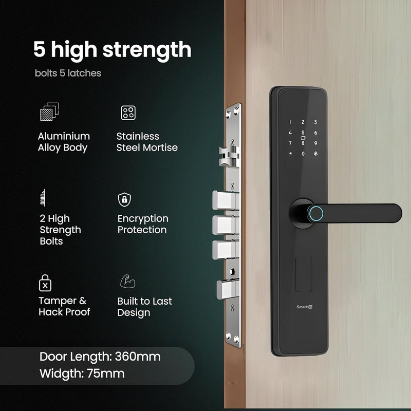 SmartiQo SmartiQo E1 Digital Door Lock 5Way Unlocking 5 Bolts Fingerprint PIN Access Card Mechanical Key 2 Years Brand Warranty Black  - Image 3