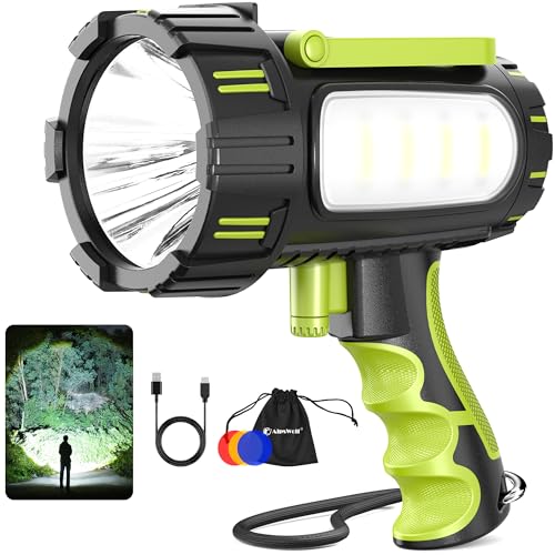 AlpsWolf Rechargeable Spotlight Flashlight, 100000 Lumen Super Bright Handheld Spotlight, IP68 Waterproof Searchlight with Foldable Stand & 3 Color Lens for Camping Hunting Emergency - Image 1