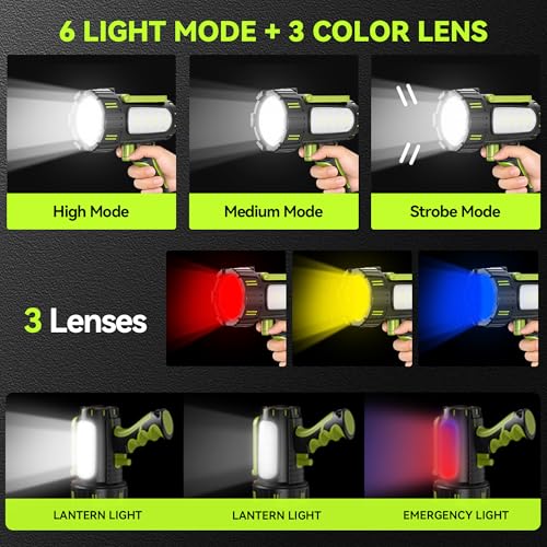 AlpsWolf Rechargeable Spotlight Flashlight, 100000 Lumen Super Bright Handheld Spotlight, IP68 Waterproof Searchlight with Foldable Stand & 3 Color Lens for Camping Hunting Emergency - Image 5