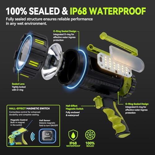 AlpsWolf Rechargeable Spotlight Flashlight, 100000 Lumen Super Bright Handheld Spotlight, IP68 Waterproof Searchlight with Foldable Stand & 3 Color Lens for Camping Hunting Emergency - Image 2