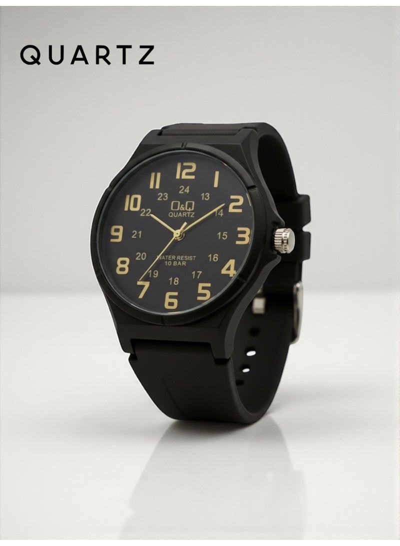 QUARTZ Men's Wrist Watch Water Resistant Up To 10 Bar With Elegant Black Design And Comfortable Silicone Strap Featuring A Luxurious Golden Dial Suitable For Daily And Formal Wear - Image 1