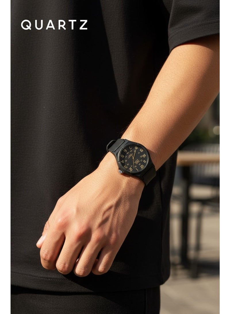 QUARTZ Men's Wrist Watch Water Resistant Up To 10 Bar With Elegant Black Design And Comfortable Silicone Strap Featuring A Luxurious Golden Dial Suitable For Daily And Formal Wear - Image 4