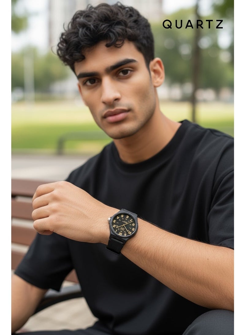 QUARTZ Men's Wrist Watch Water Resistant Up To 10 Bar With Elegant Black Design And Comfortable Silicone Strap Featuring A Luxurious Golden Dial Suitable For Daily And Formal Wear - Image 5