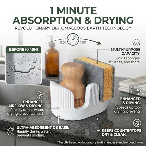 BekPooQ Diatomite Sponge Holder with 2 Slot Design – Quick Drying, Absorbent & Space-Saving Organizer for Kitchen Sponges, Scrubbers & Brushes – Keeps Sponges Dry and Countertop Clean, Bright White - Image 2