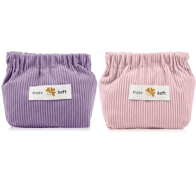 HANNEA® 2pcs Small Makeup Pouch, Lipstick Cosmetic Bag, Corduroy Elastic Storage Pouch, Makeup Pouches for Women Girls, Travel Coin Pouch Jewelry Organizer Bag - Self Closing, Pink & Purple - Image 1