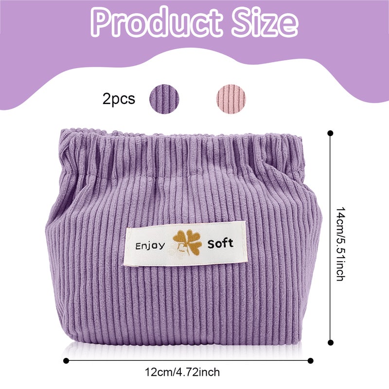 HANNEA® 2pcs Small Makeup Pouch, Lipstick Cosmetic Bag, Corduroy Elastic Storage Pouch, Makeup Pouches for Women Girls, Travel Coin Pouch Jewelry Organizer Bag - Self Closing, Pink & Purple - Image 2
