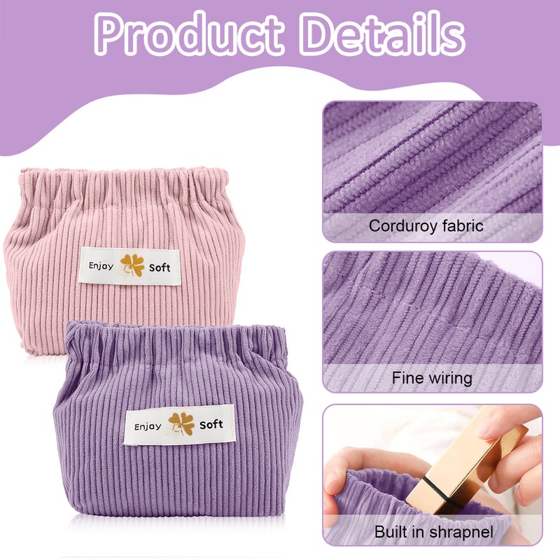 HANNEA® 2pcs Small Makeup Pouch, Lipstick Cosmetic Bag, Corduroy Elastic Storage Pouch, Makeup Pouches for Women Girls, Travel Coin Pouch Jewelry Organizer Bag - Self Closing, Pink & Purple - Image 3