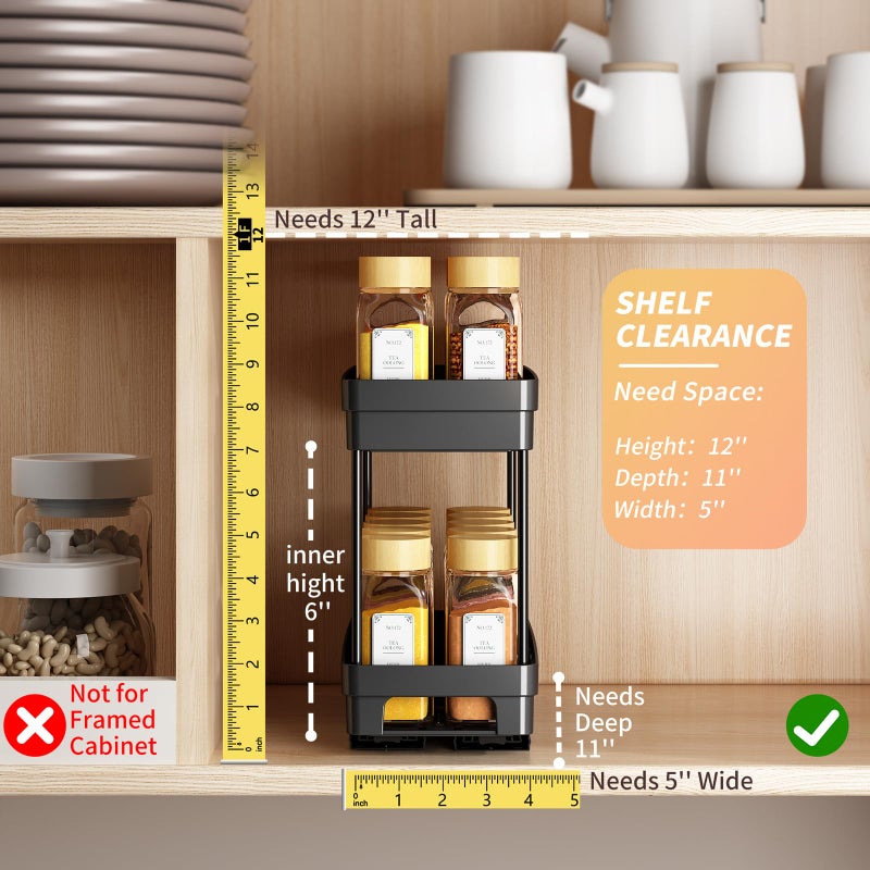 DABIGE Pull Out Spice Rack Organizer for Cabinet, 3 Packs Slide Out Spice Racks Organizer, Spice Cabinet Organizers, Cabinet Size Need:12'' Highx11'' Deepx5'' Wide,Each Tier Hold 10 Spice Jar - 2 Tier, Black - Image 3